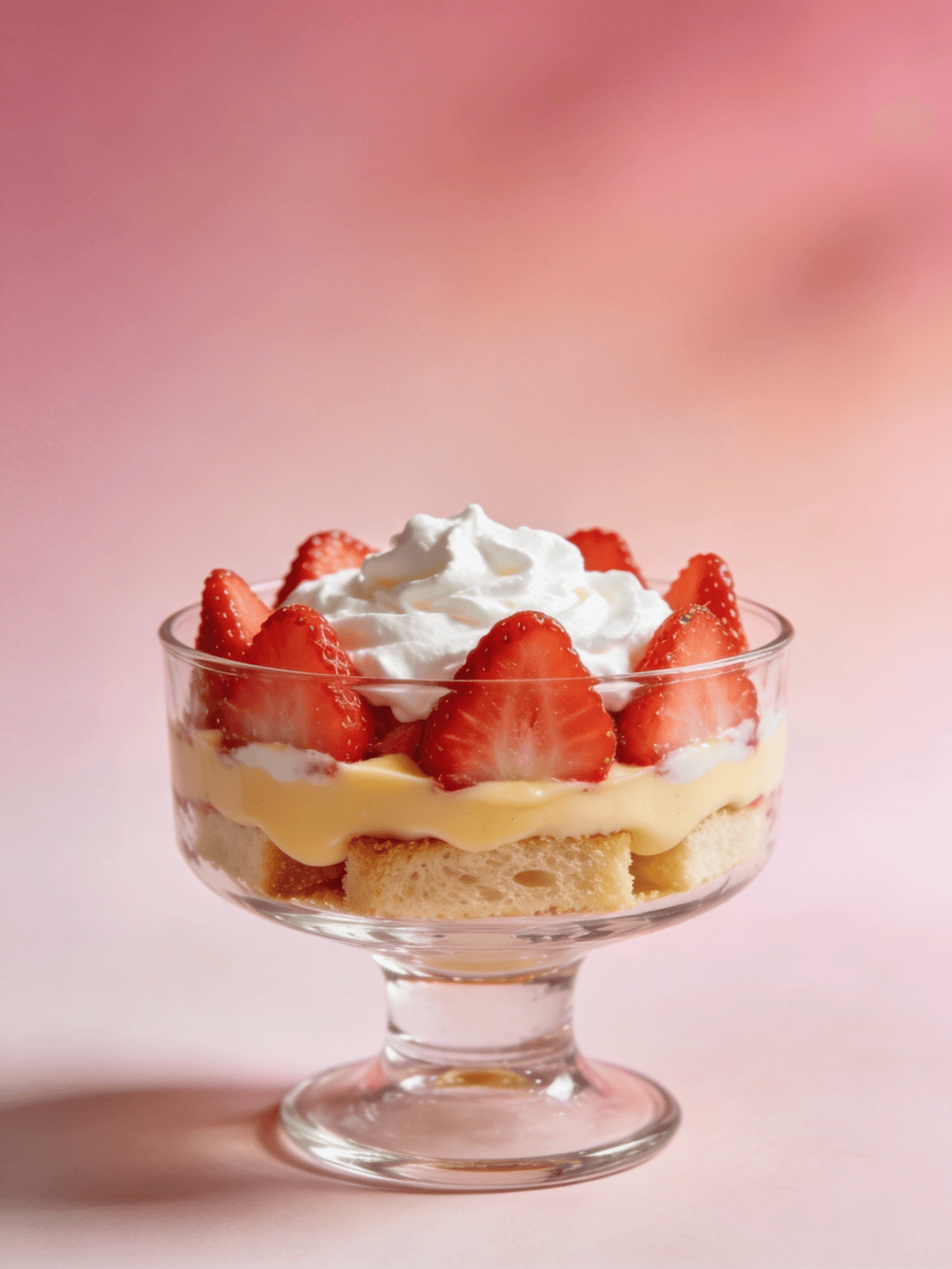 A strawberry trifle layered in a glass bowl
