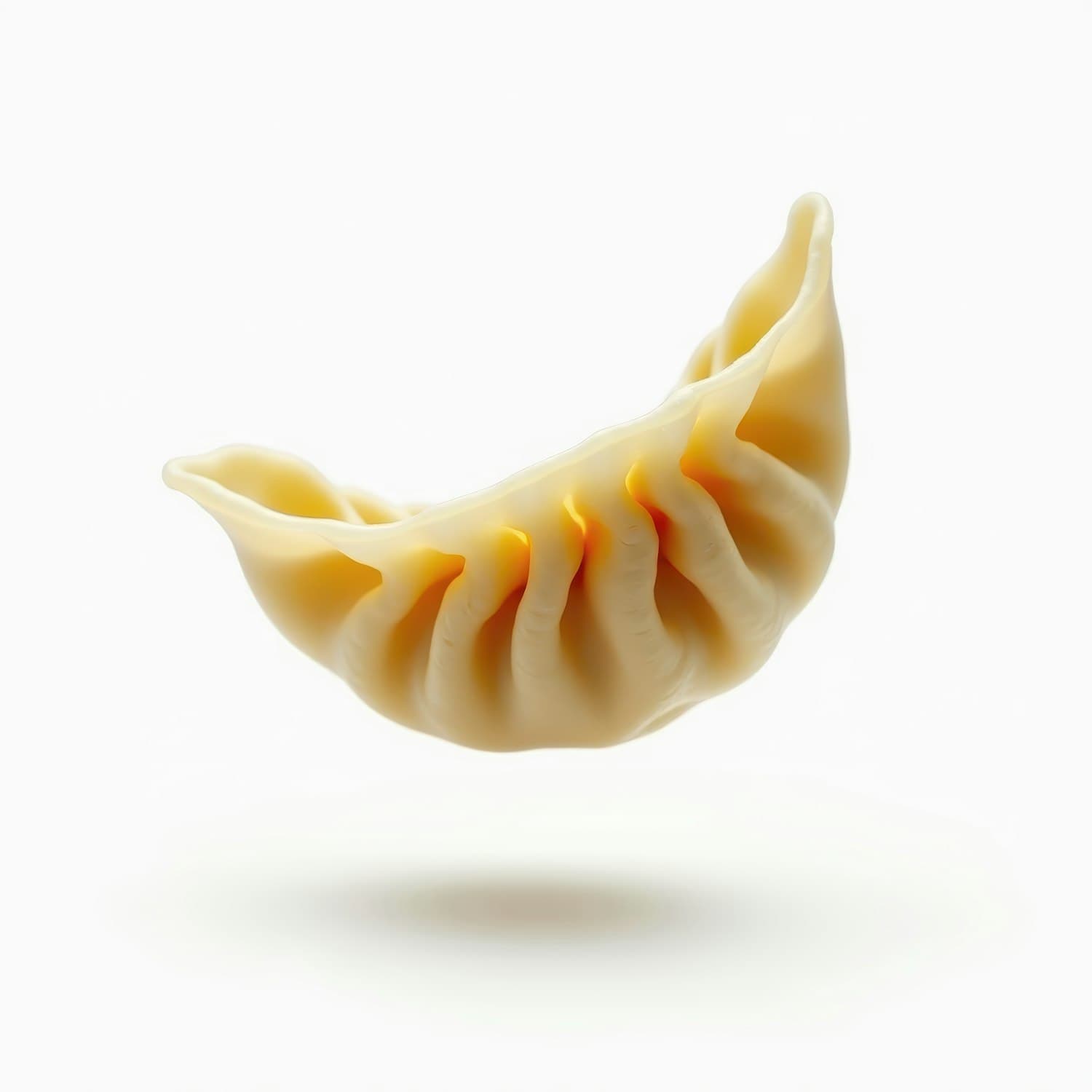 A single pleated dumpling floating against white