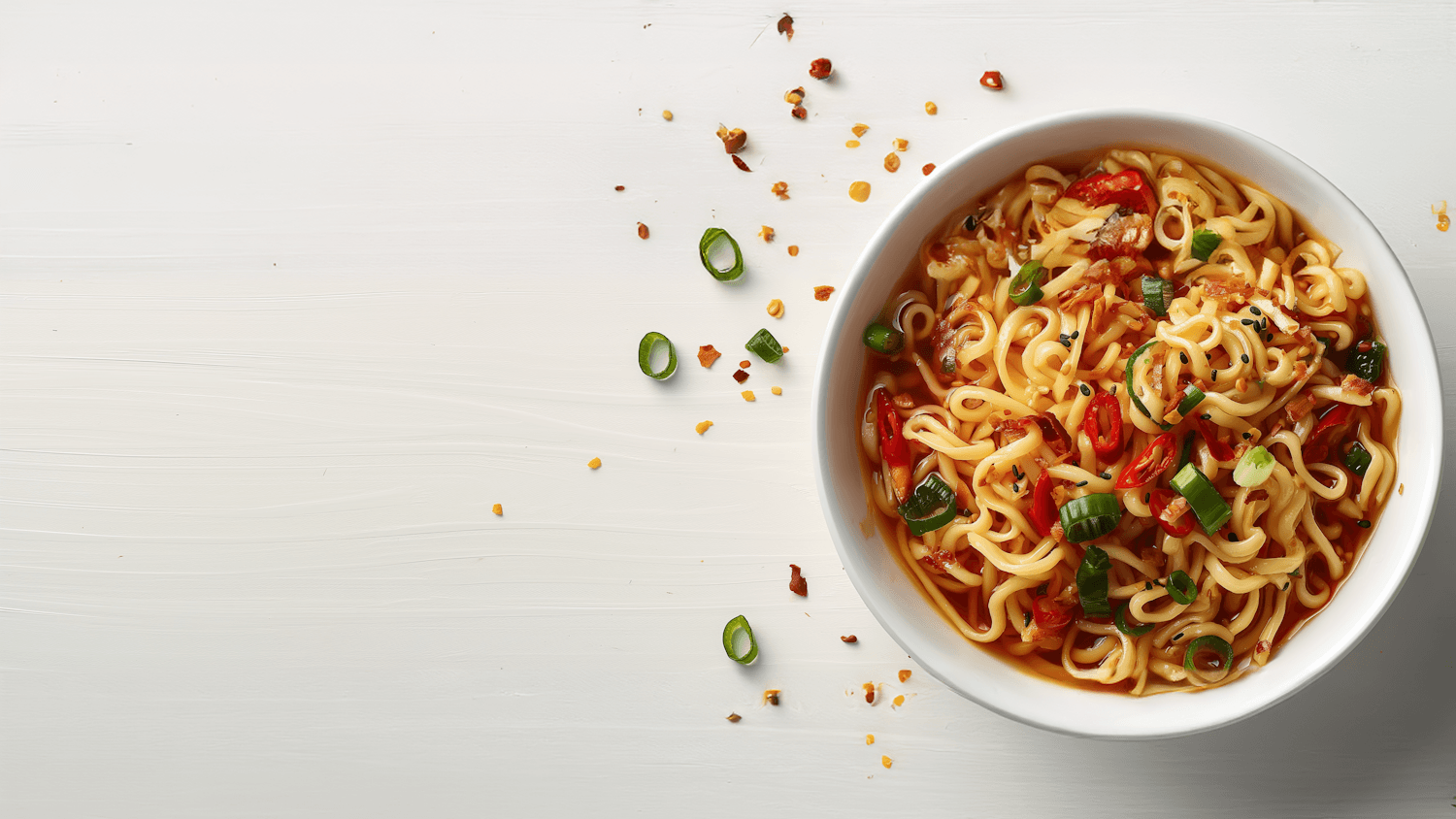 Chilli noodles with spring onion and sesame in a white bowl