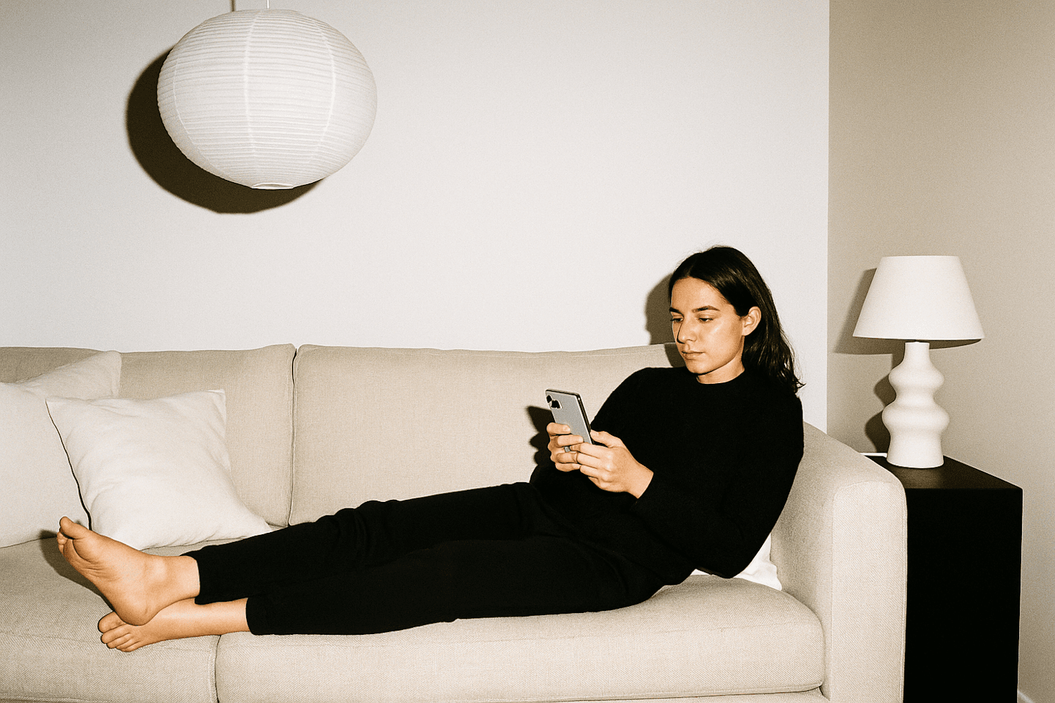 Someone unwinding on a sofa with their phone in hand
