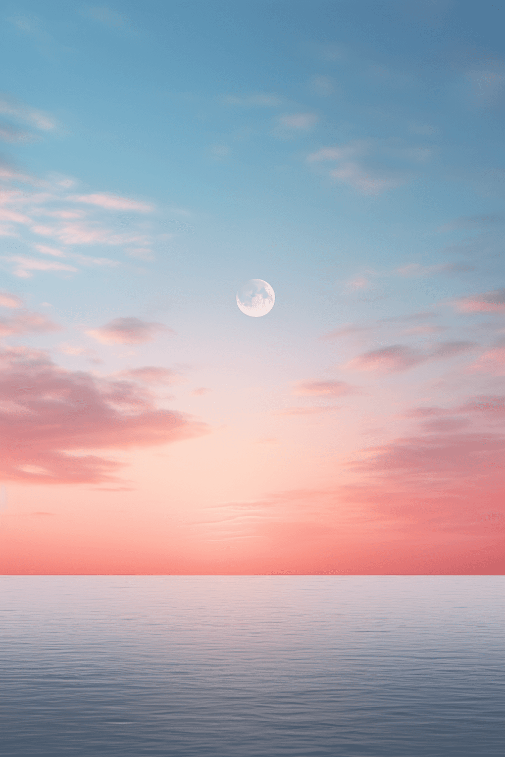 A pale moon hanging above a calm pastel sea at dusk