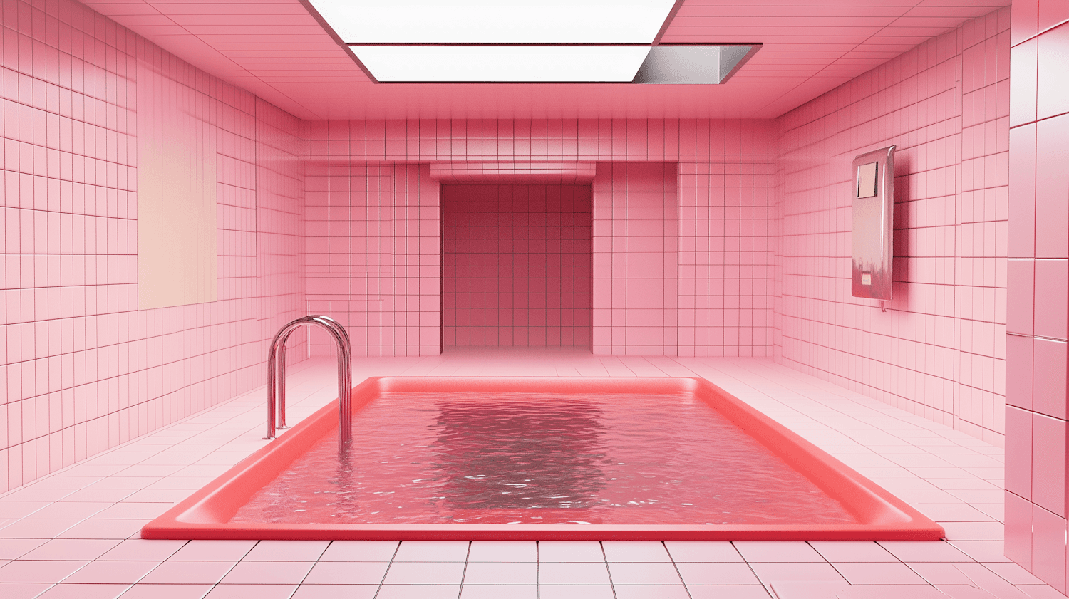 A surreal pink tiled room around a still red pool