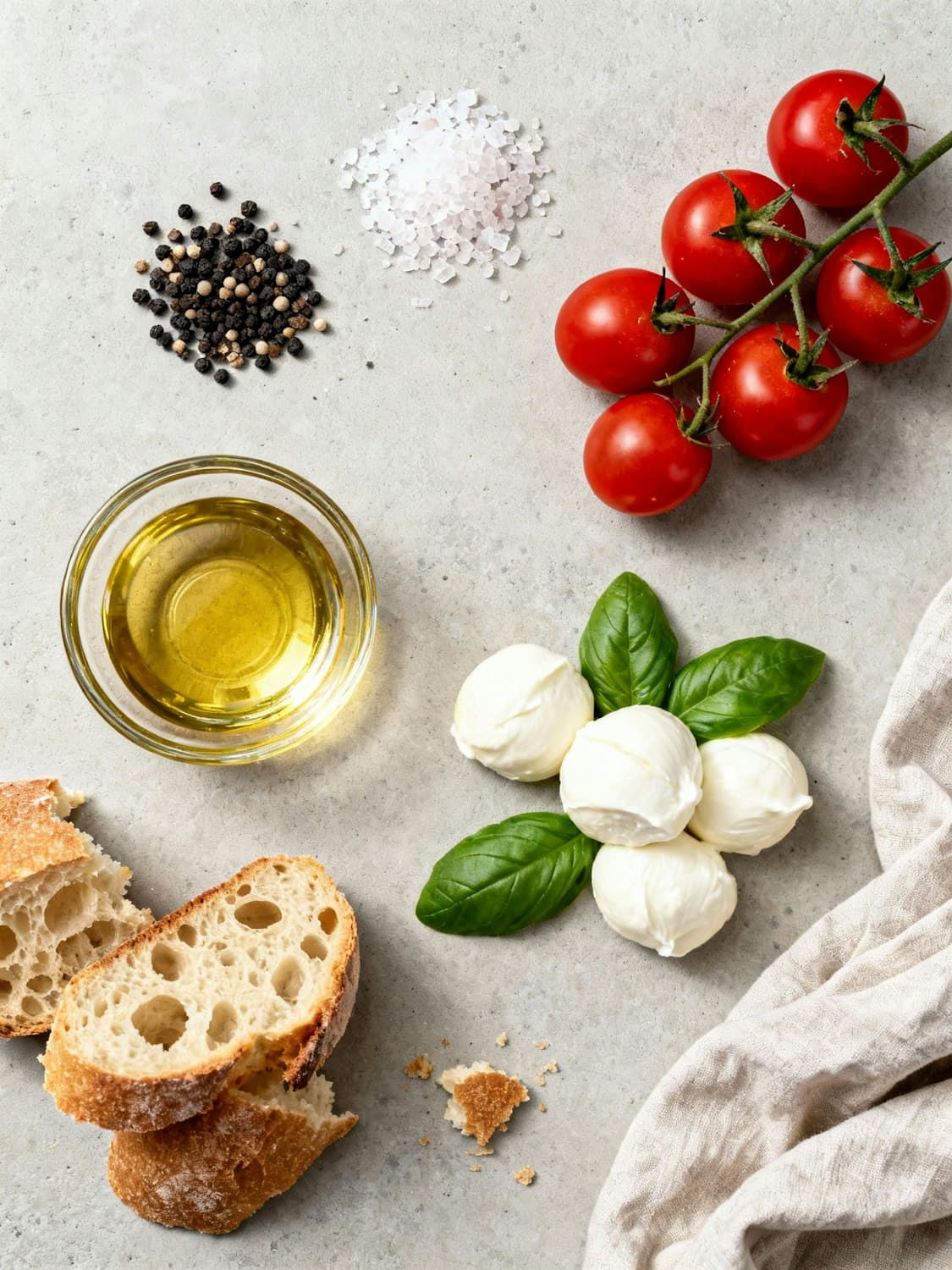 Tomatoes, mozzarella, basil, olive oil and bread laid out on pale stone