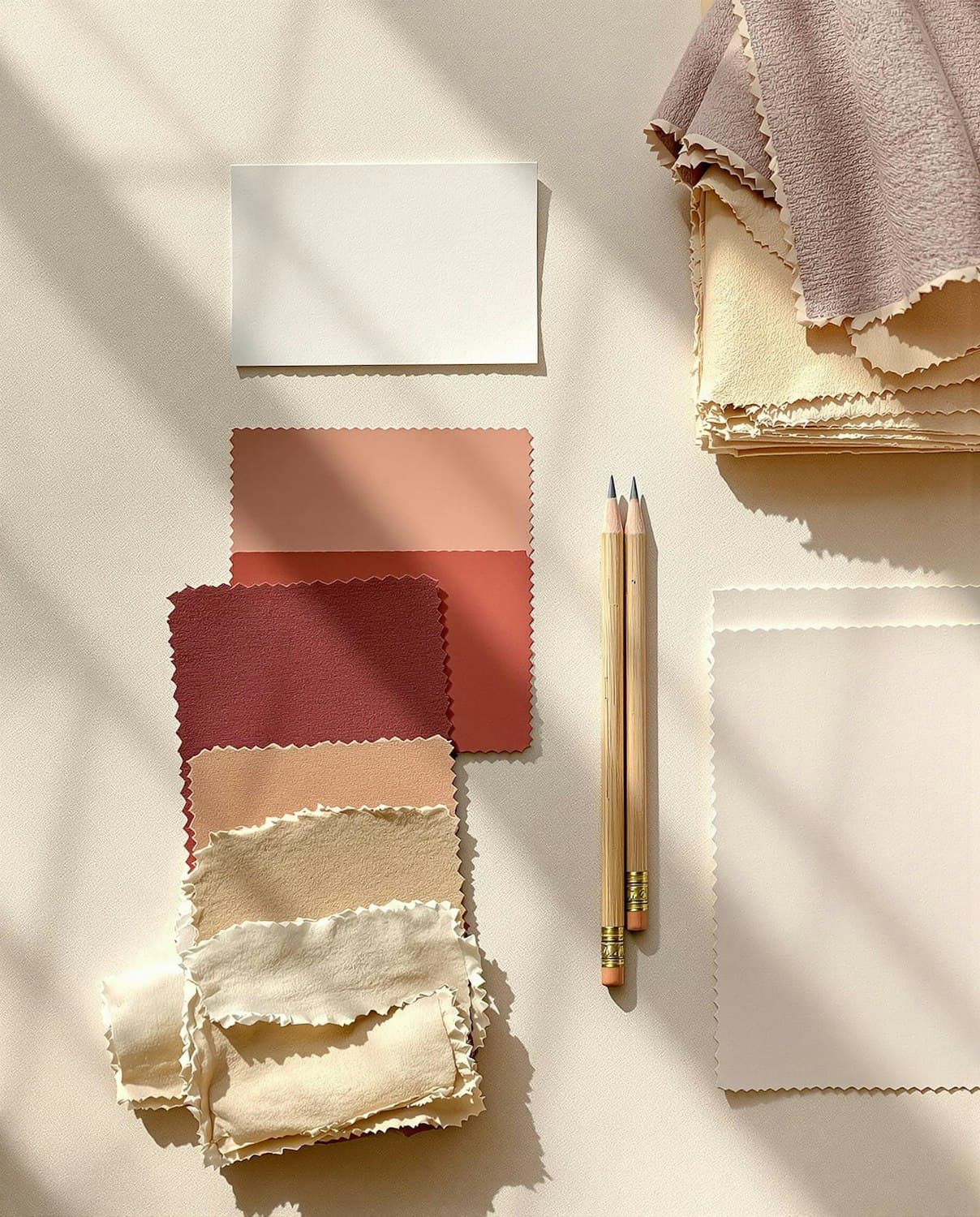 Fabric swatches and pencils arranged on a light surface