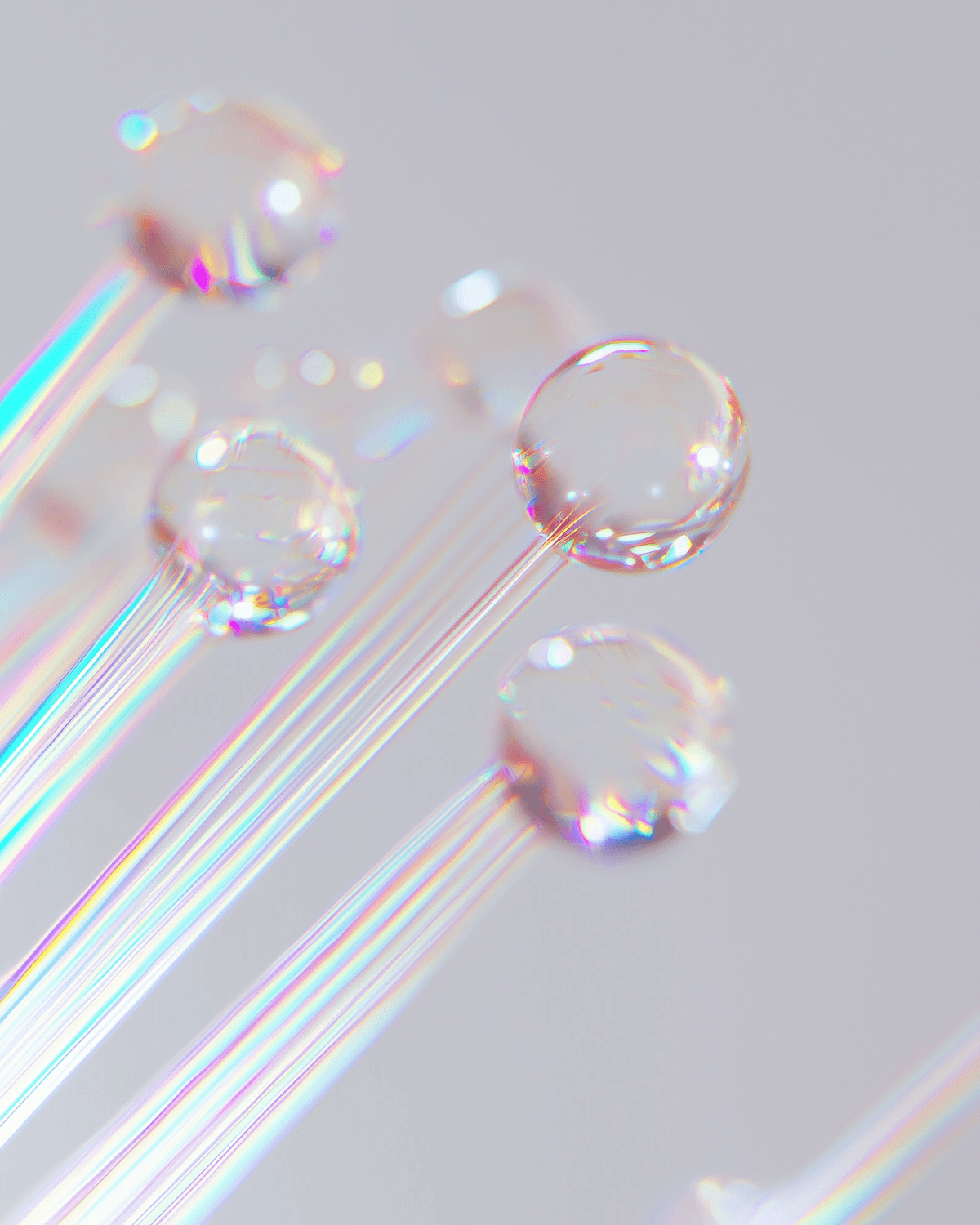 Glass droplets refracting rainbow light against soft grey