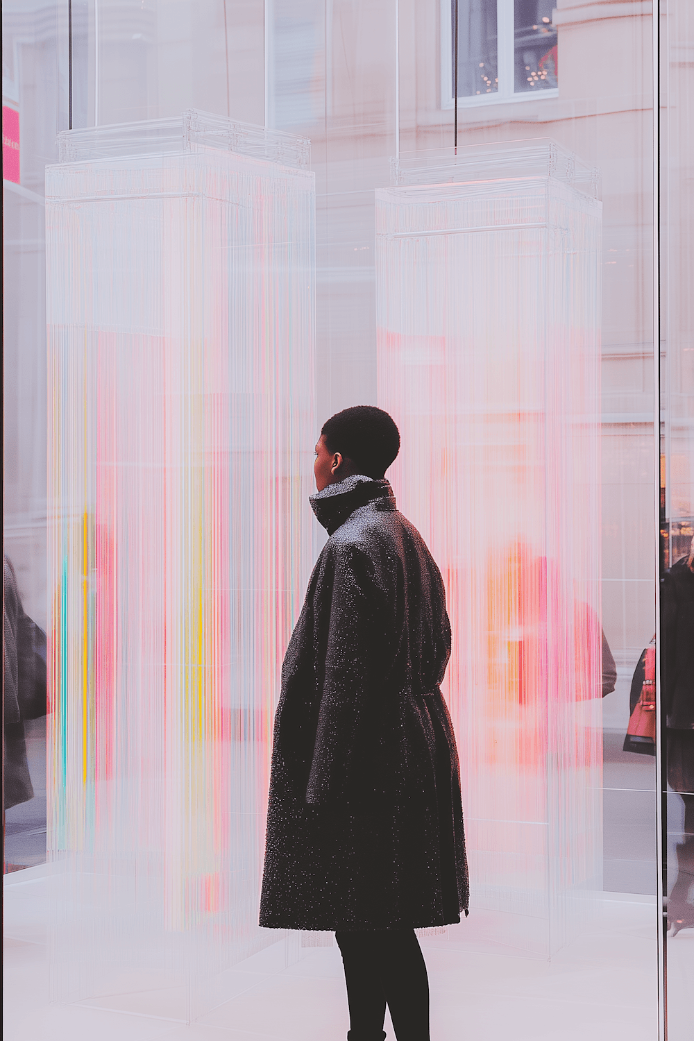 A visitor in a dark coat facing a pastel light installation