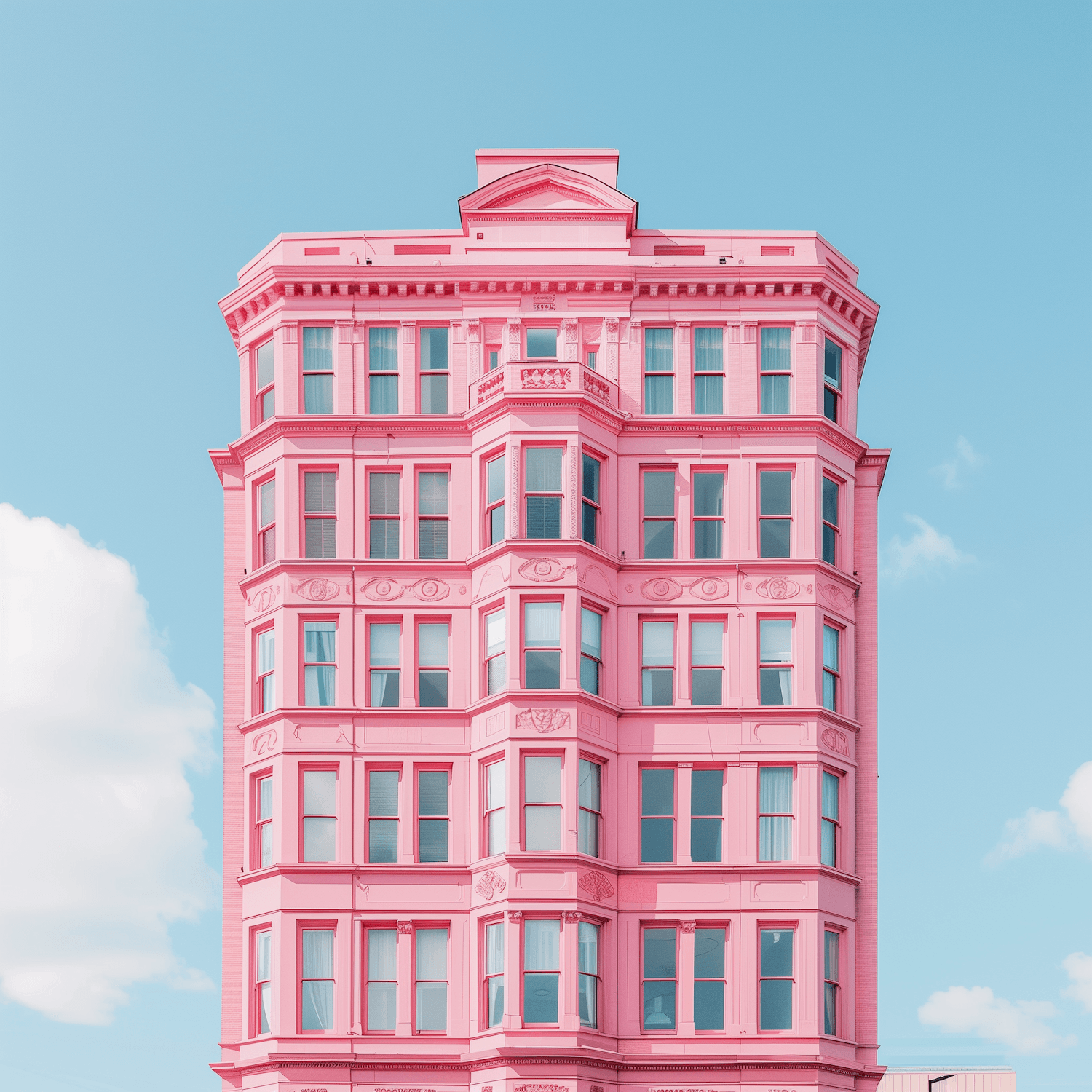 A pink building with ornate windows against a bright blue sky
