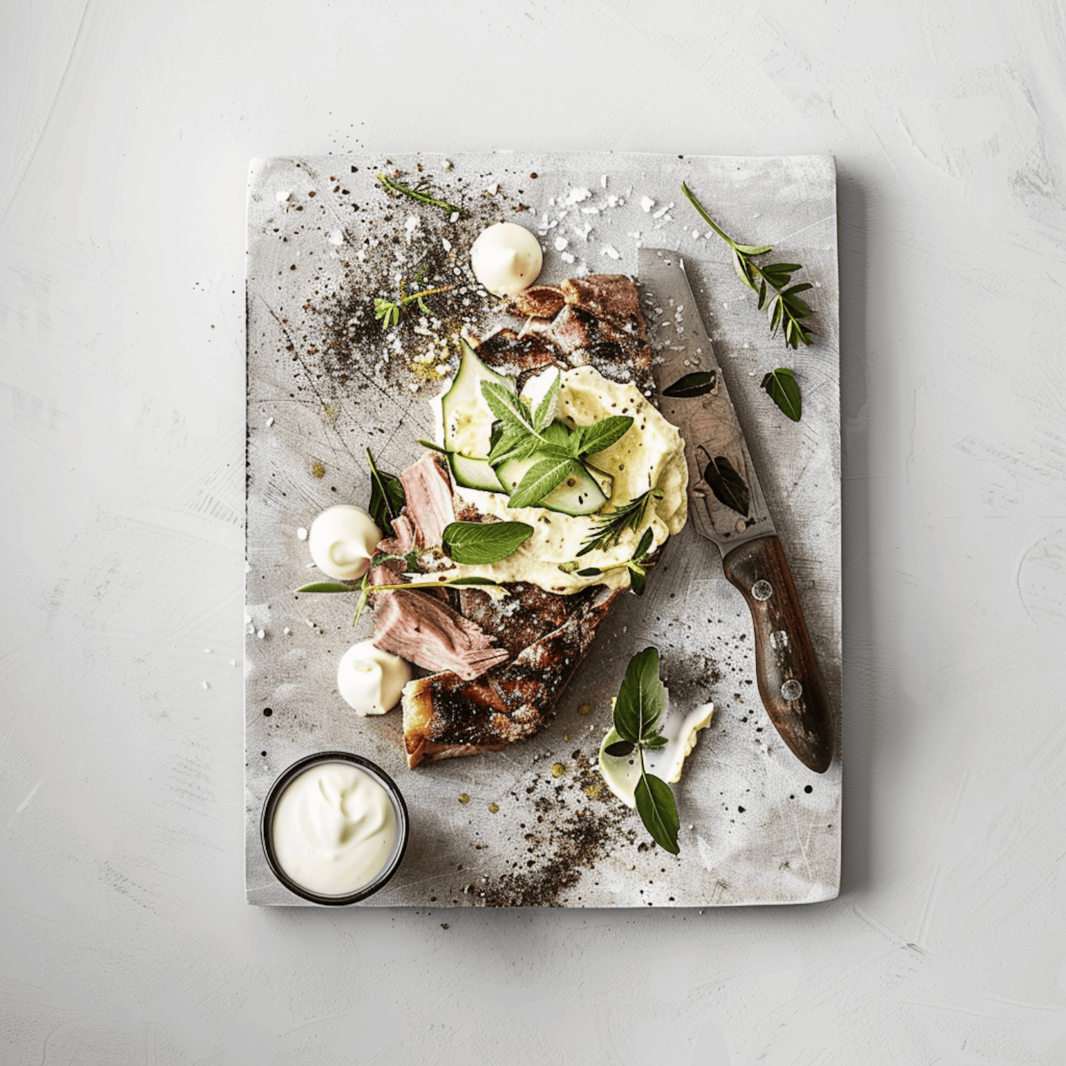 A grilled dish finished with fresh herbs on a wooden board