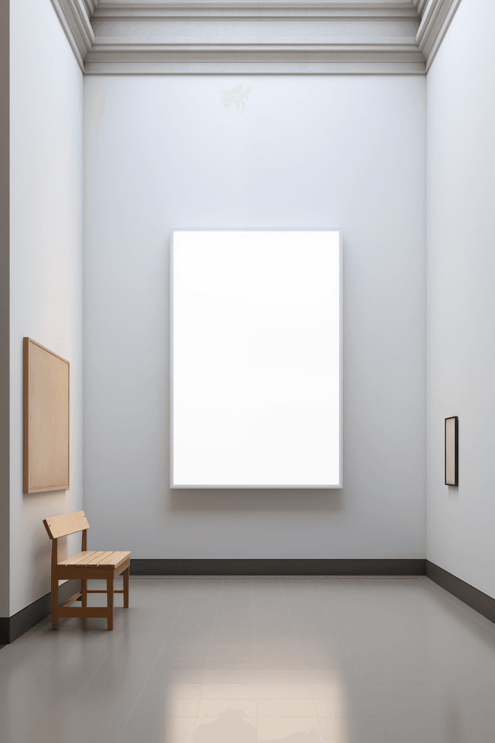 A calm gallery with an illuminated canvas and a wooden bench