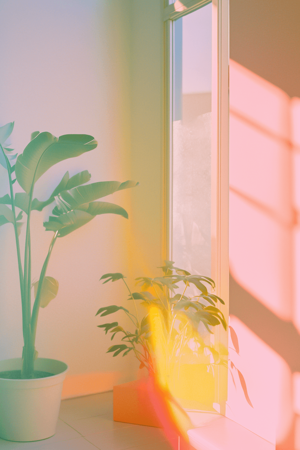 Plants catching warm pink and yellow light beside a window